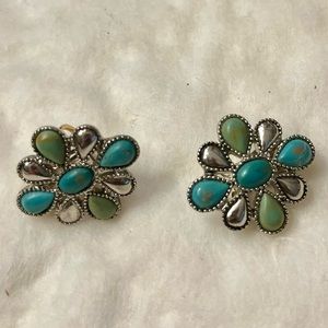 Vintage clip on earrings fun blue green flowers